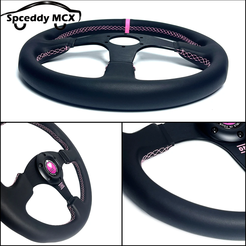 JDM Pink Racing Girl/Boy Steering Wheel Leather 13inch 14inch 320mm 350mm With Heart Horn Button For BMW Audi Golf Passat