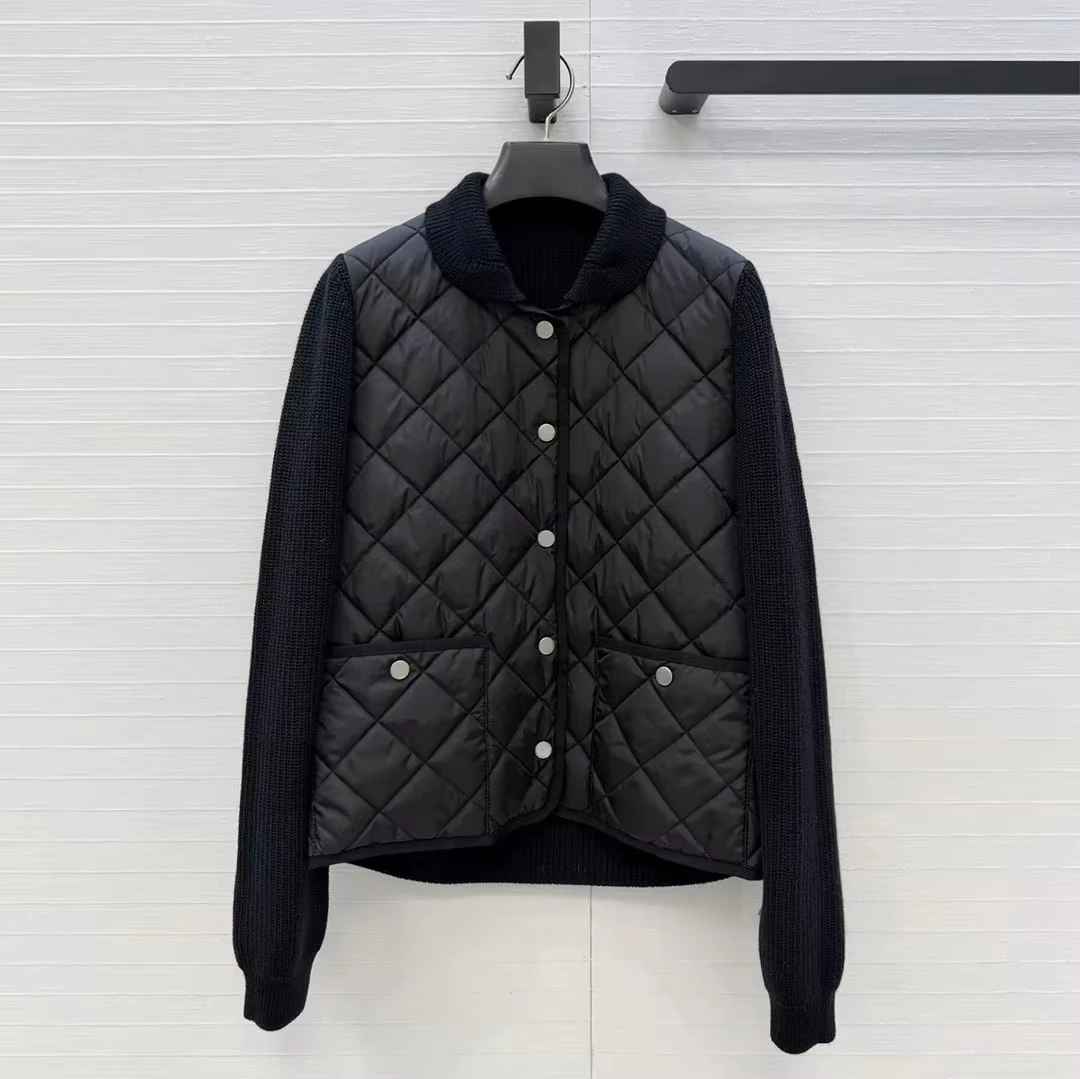 New Early Winter Fashion Chic White Duck Down Jacket Women Lapel Wool Knitted Long Sleeve Patchwork Argyle Pattern Casual Coat