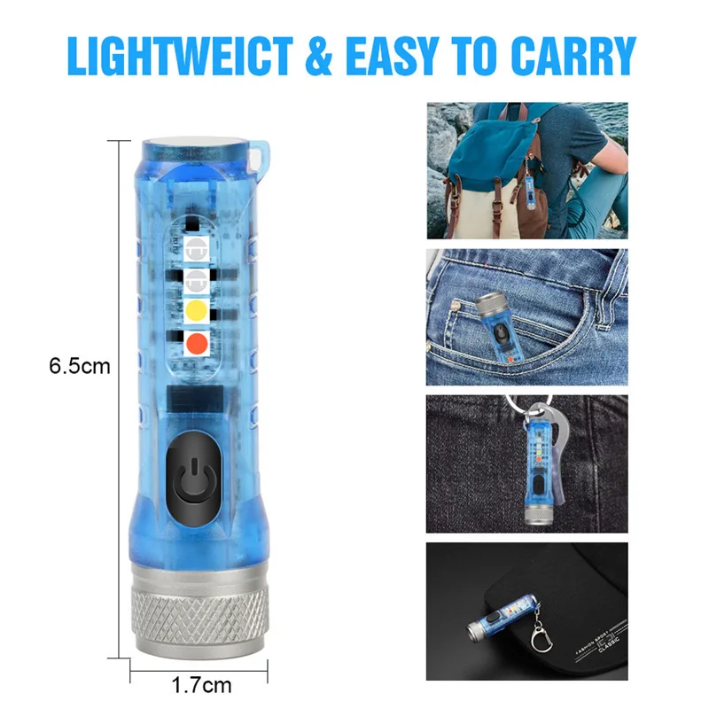 Clip-on Flashlight: High-Power, Rechargeable, with White/Red/Blue/Purple Light, UV Money Detector, Outdoor Keychain LED Light