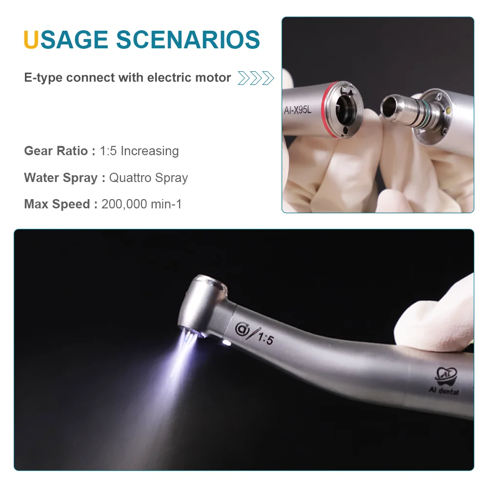 Dental 1:5 Increasing Red Ring  Contra Angle Low Speed  Quattro Water Spray Push Handpiece With Optic Fiber For E-TYPE Motor