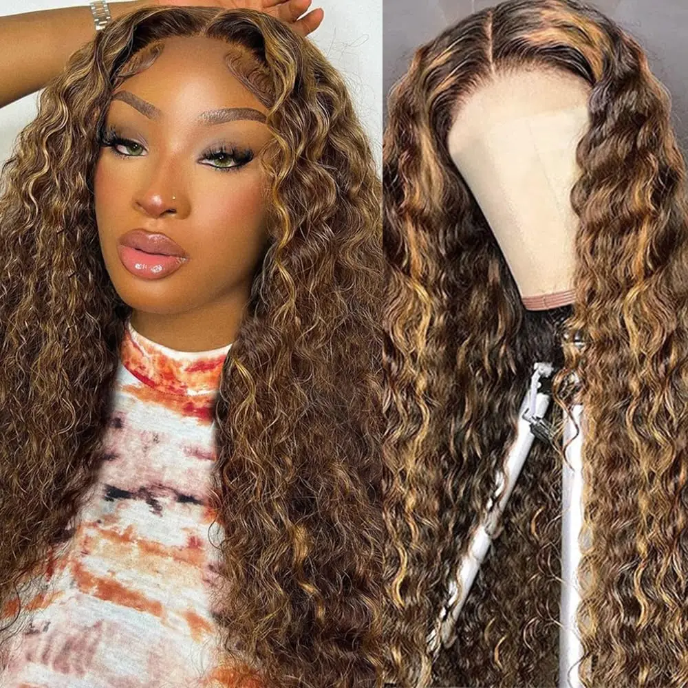 

Honey Blonde Glueless Wigs Wear and Go Deep Wave 100% Human Hair Pre Cut Highlight Curly Wigs for Women Ombre HD Lace Front Wig
