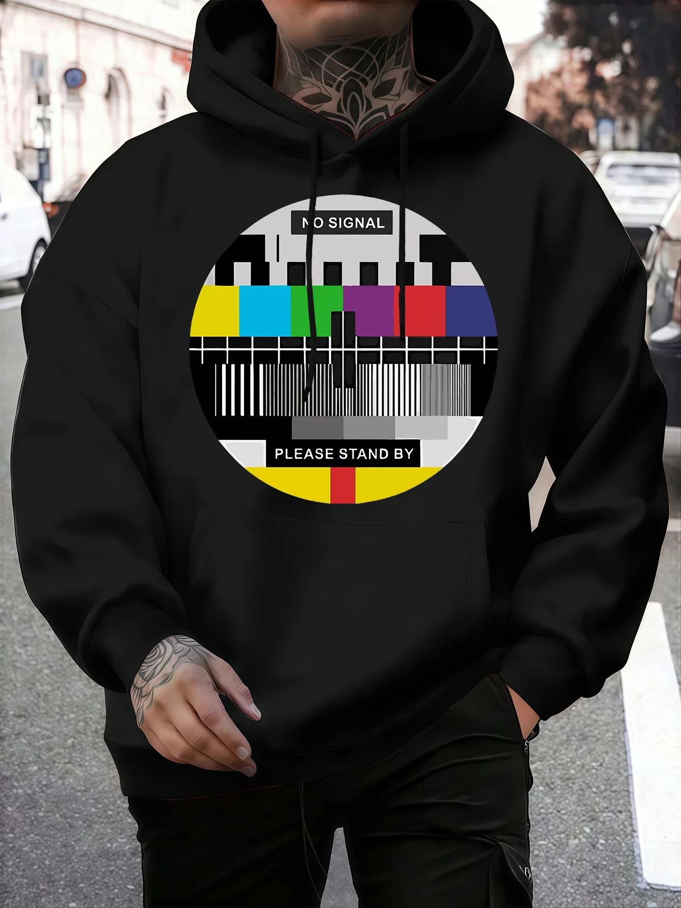 Men Retro Oversized Hoodie Autumn Winter No Signal Please Stand By TV Test Screen Graphic Daily Casual Hooded Sweatshirt
