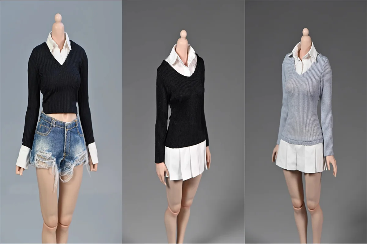 

1/6 Scale Female Soldier Knitted Sweater Patchwork Pleated Dress Fake Two Pieces Model Toy For 12'' Action Figure Body In Stock