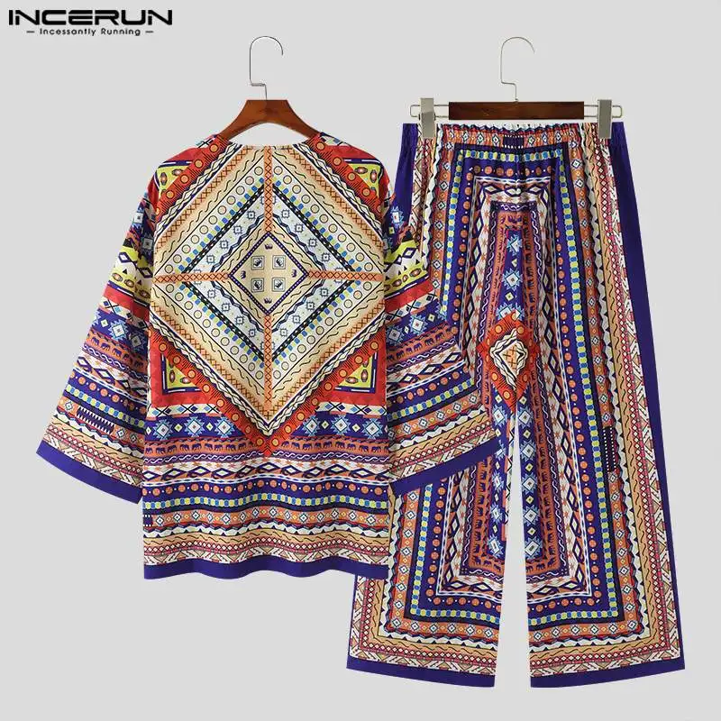 INCERUN Men Sets Ethnic Style Printing 3/4 Sleeve Cardigan Shirt & Pants 2PCS 2024 Steetwear Loose Vacation Men\'s Casual Suits