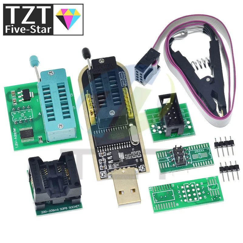 TZT CH341A CH341B 24 25 Series EEPROM Flash BIOS USB Programmer Module + SOIC8 SOP8 Test Clip For EEPROM 93CXX / 25CXX / 24CXX