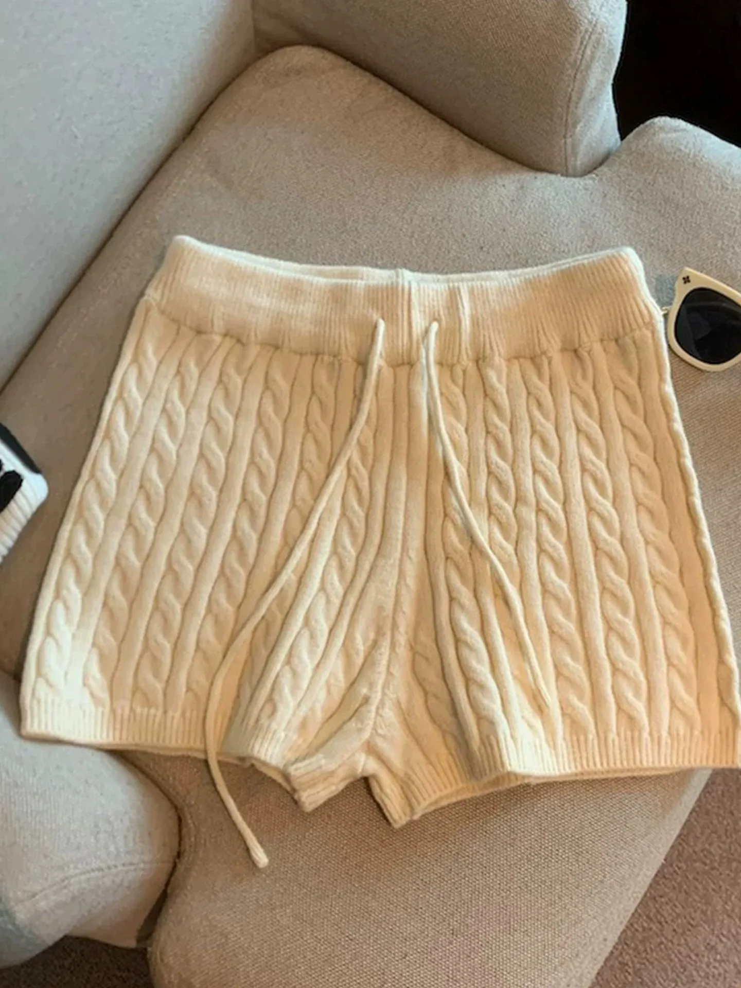 High Waist Knitted Rope Short Pants Women's Casual Style Korean Pure Color Splice Knitting Drawstring Slimming Autumn Pants