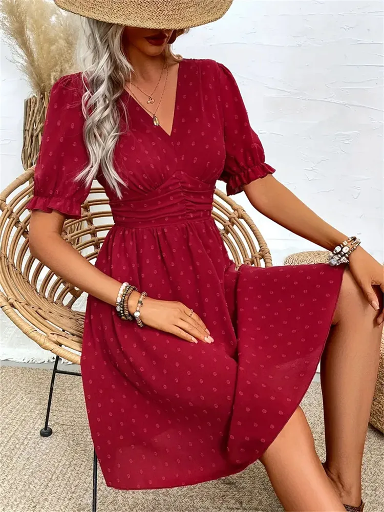 Vestido corto de Jacquard de cintura alta para mujer, prenda de vestir de alta calidad, Color liso, sin mangas