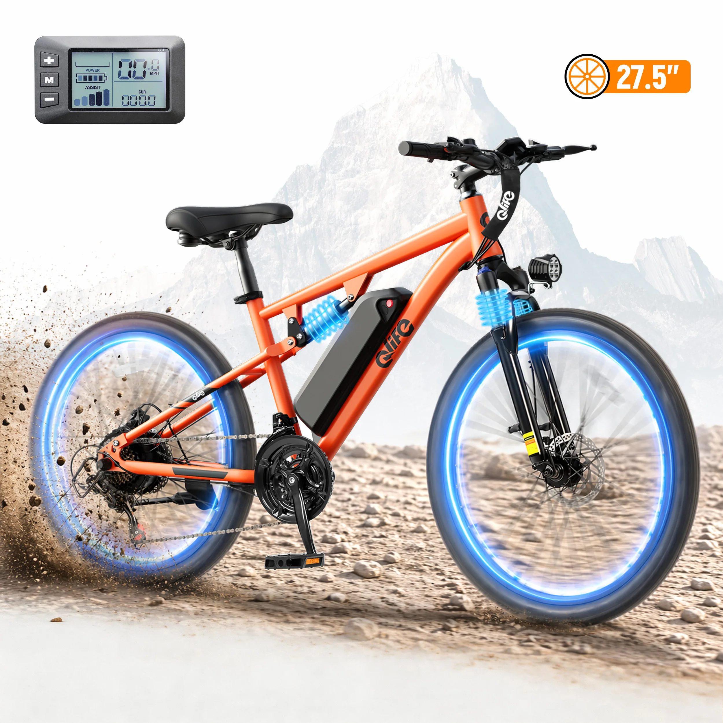 Qlife Racer Ultra Electric Bike for Adults, Peak 1200W 48V 10.4Ah,  27.5" Tire Electric Mountain Bike, 28MPH 55 Miles Off-road Electric Bicycle, 21-Speed E-Bicycle with Full Suspension image 1