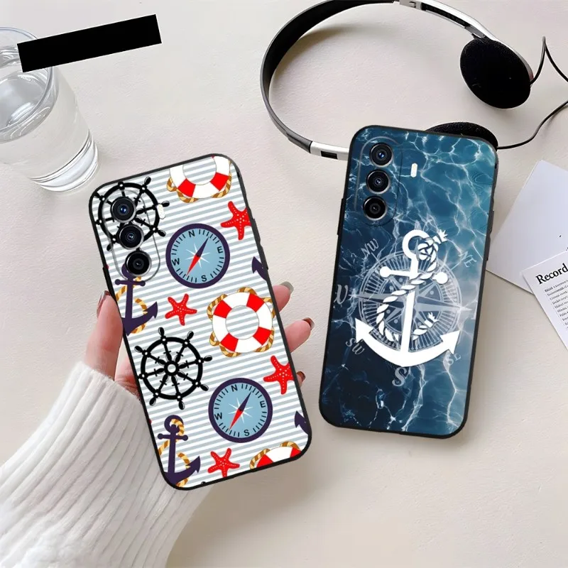 Stripes Anchor Boat Ship Wheel Phone Case Fundas For Huawei P40 P50 P30 P10 P20 Lite Mate 40 Pro Plus Psmart Z 6 7 5 Back Cover