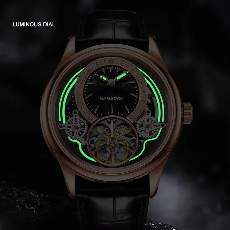 HANBORO New Men Luxury Automatic Watch Waterproof Luminous Hollow out Dial Fashion elegant Man Mechanical Wristwatch