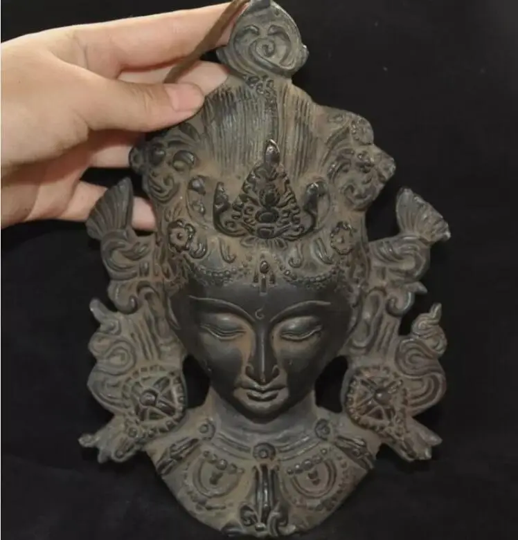 8'' Tibetan bronze Guanyin Tara goddess Buddha's head Exorcism Thang-ga statue