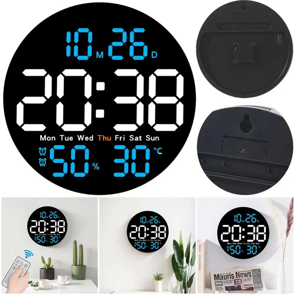 

Remote Control 10 Inch LED Wall Clock Temperature/ Humidity Display Brightness Adjustable Hanging Digital Clock Large Screen