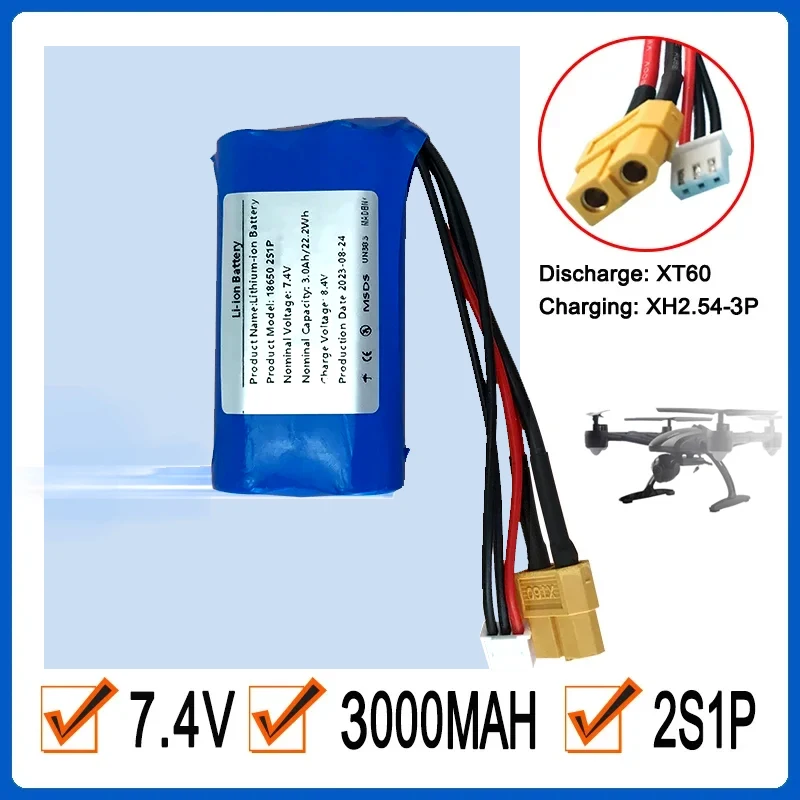 7.4V 3000mah Rechargeable Li-ion 2S1P Battery Pack 18650 Suitable for Model Airplane，drone battery