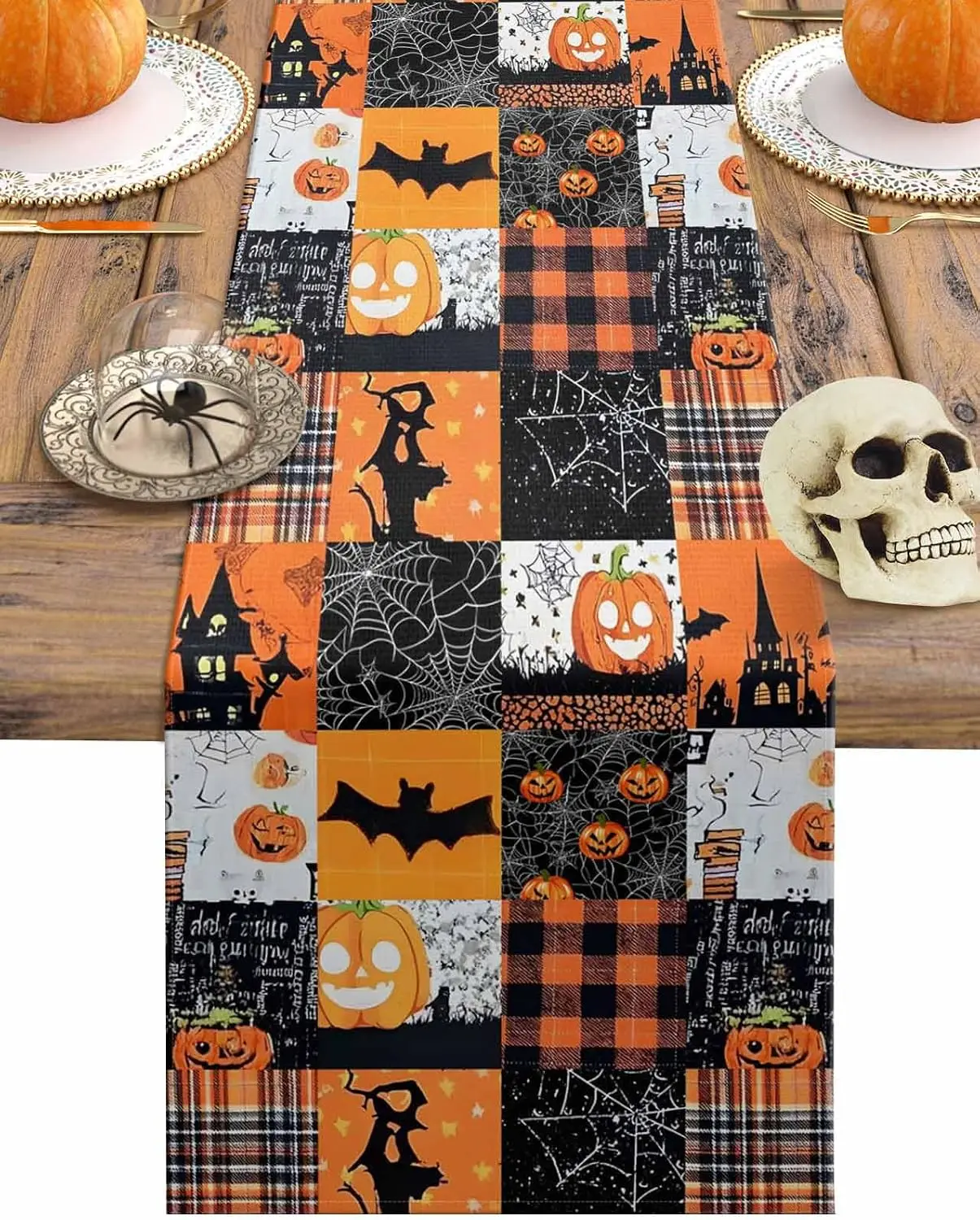 Halloween Pumpkin Castle Bat Cobwebs Plaid Table Runner Party Decor Reusable Kitchen Dining Table Runner Halloween Decorations