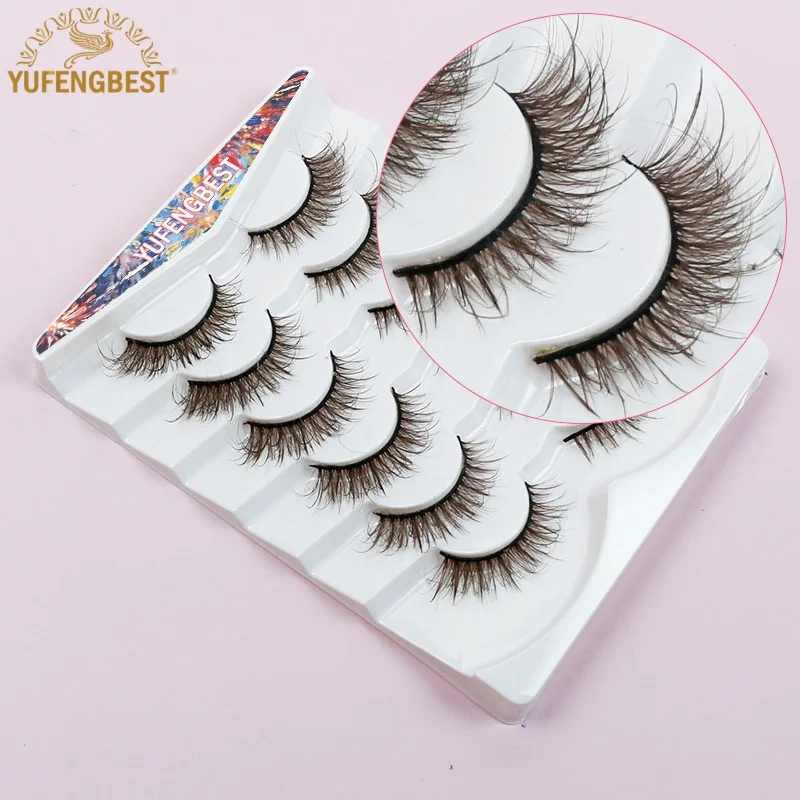 

YUFENGBEST 6pairs 5d Cat Eye 16mm Fluffy Wispy Brown Cafe Color Eyelashes Strips Marron Ribbon Faux Cils Blond Cluster Lashes