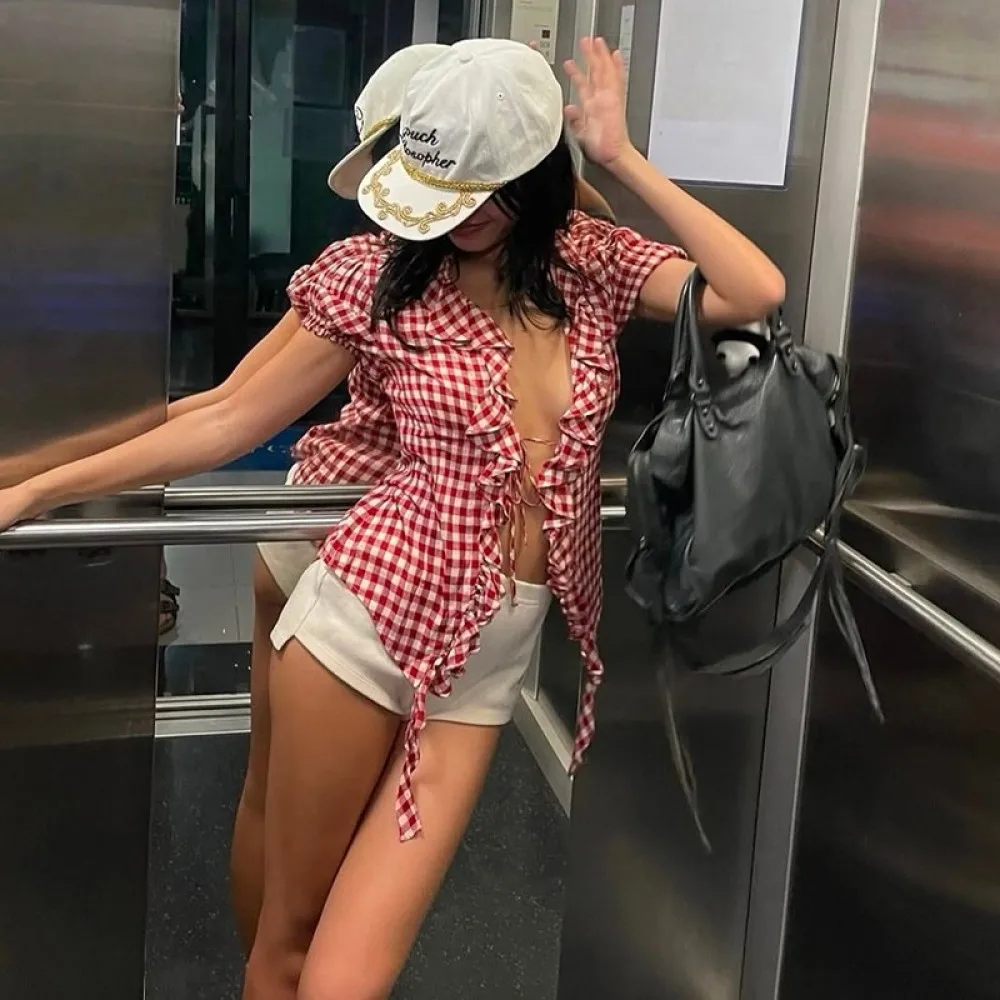 SylCue Red Plaid T-Shirt Women V-Neck Puff sleeves LaceUp Navel Exposed Skinny Ribbons Ruffles Design Y2K Sweet Style Streetwear view 3