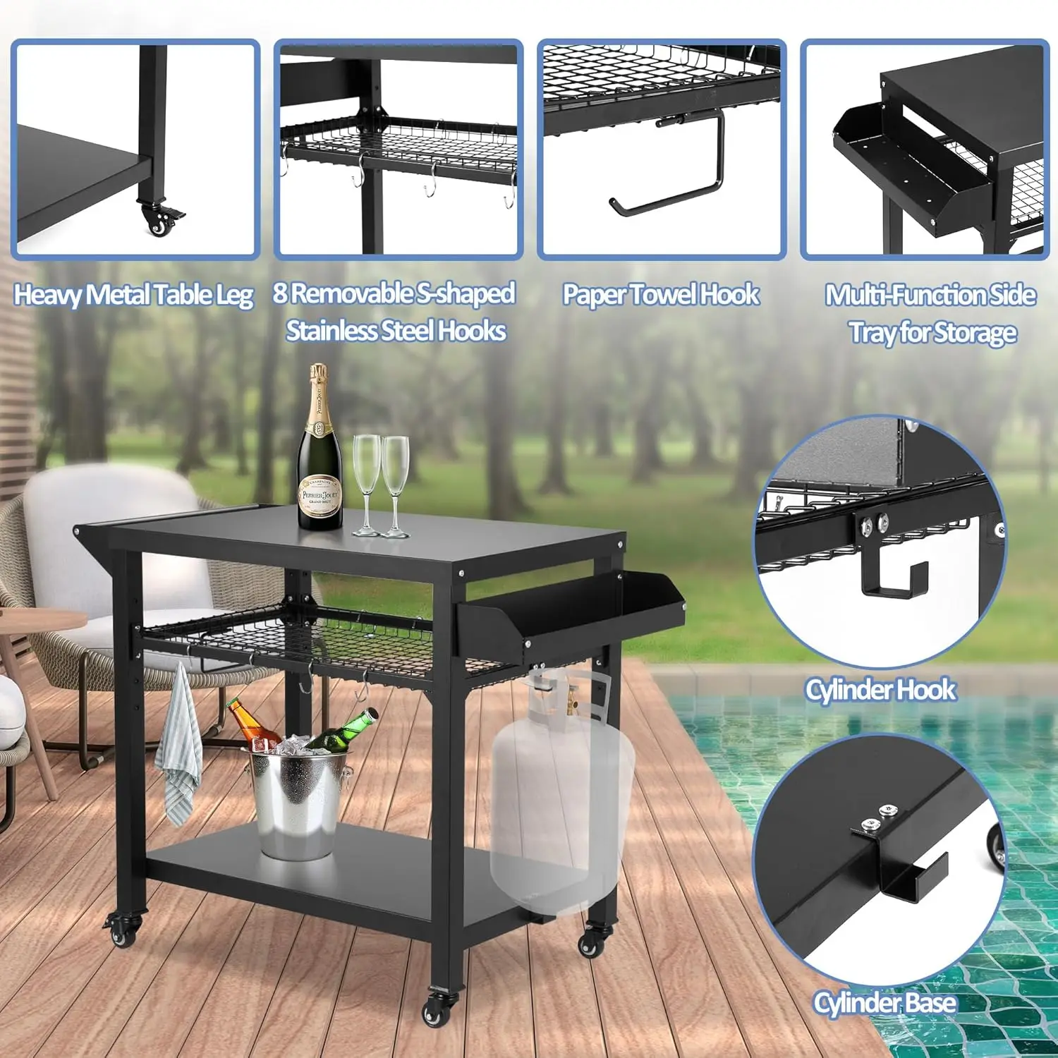 Spurgehom carrito para parrilla al aire libre, soporte para horno de Pizza, Mesa con ruedas, carrito de comedor para Patio exterior, cocina móvil