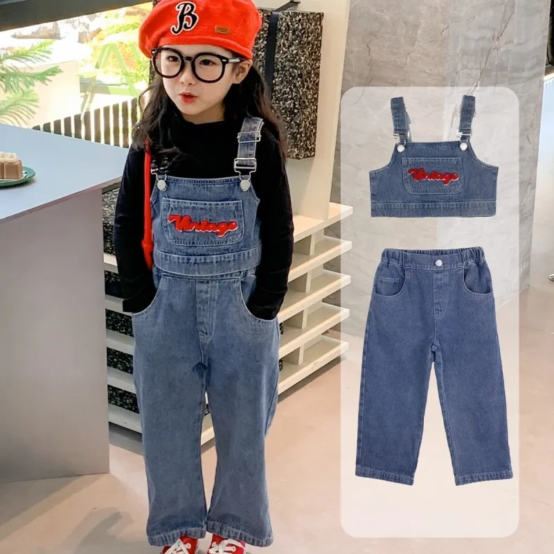 

Spring Autumn Baby Girls Cotton Crop Strap Flocking Denim Vest Jackets+Jeans Kids 2PCS Tracksuit Child Outfits Pant Sets 2-8 Yr