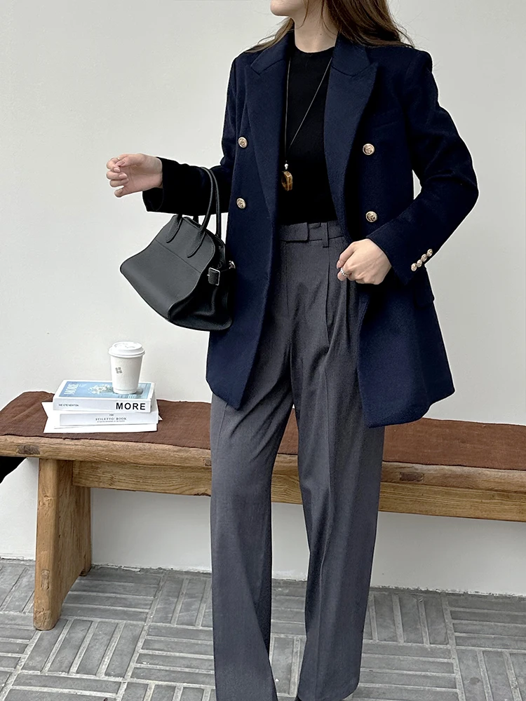 

Женский шерстяной пиджак Ele с двубортным воротником-тренчем, 3D-крой, повседневный, укороченный, однотонный