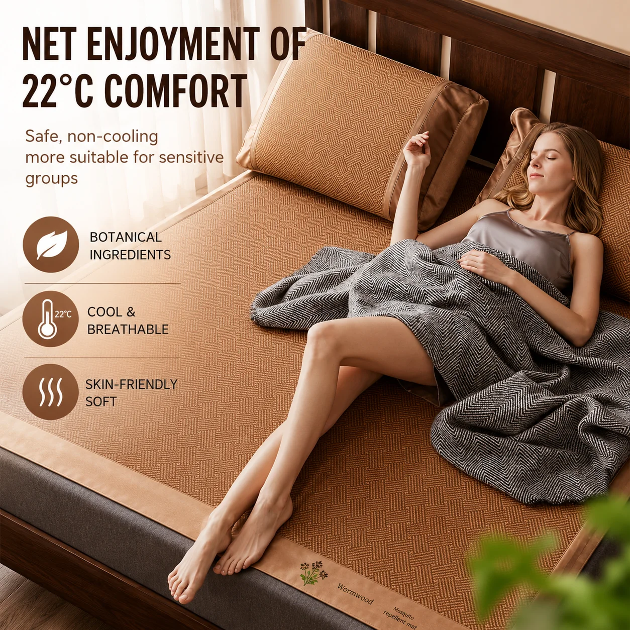 Ice Silk Summer Cooling Mat Natural Vine Foldable Double-Sided Bamboo Mat for 1.5/1.8m Bed Naked Sleeping Dormitory Home Use