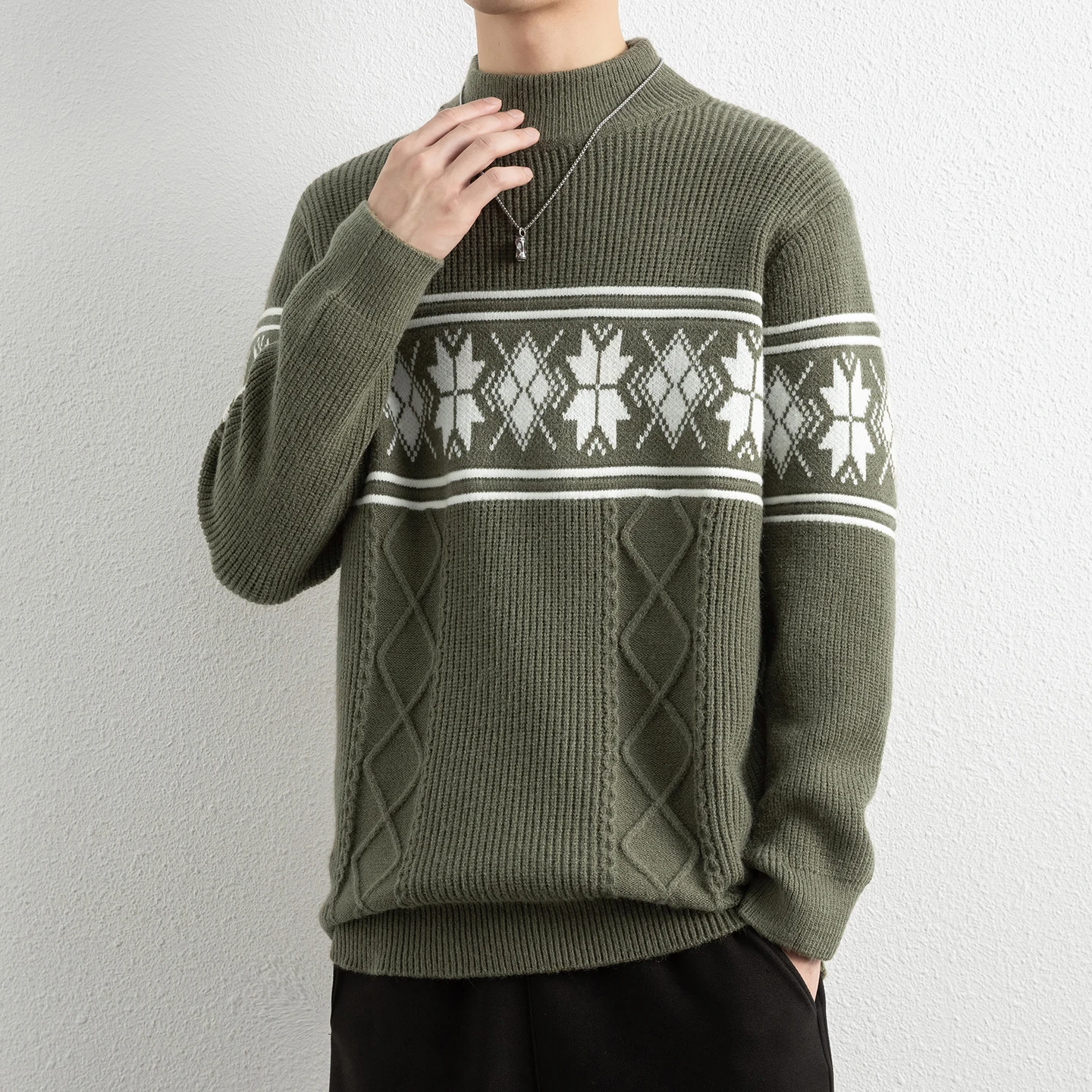 

Мужской вязаный свитер с воротником-стойкой, осенне-зимний, новый стиль, повседневный, пушистый трикотаж, комфортный, средней плотности вязки, с геометрическим узором