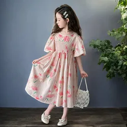 Summer Girls Princess Dresses Kids Outfits Purple Flower Clothes Short Sleeve Dress Kids Party Costumes 4 5 6 8 9 10 11 13 Years