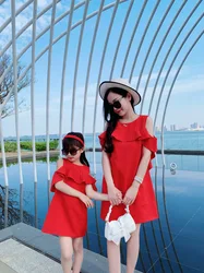 Mother Daughter Dresses Summer Ruffle Dress Kid Girl and Woman Matching Wedding Dress Red Beach Dress Family Matching Outfits