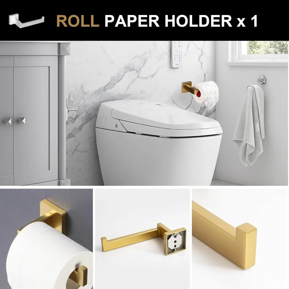 Gold Wall Mounted Towel Bar Set, 5-Piece Bathroom Hardware Collection with Towel Rack and Holder