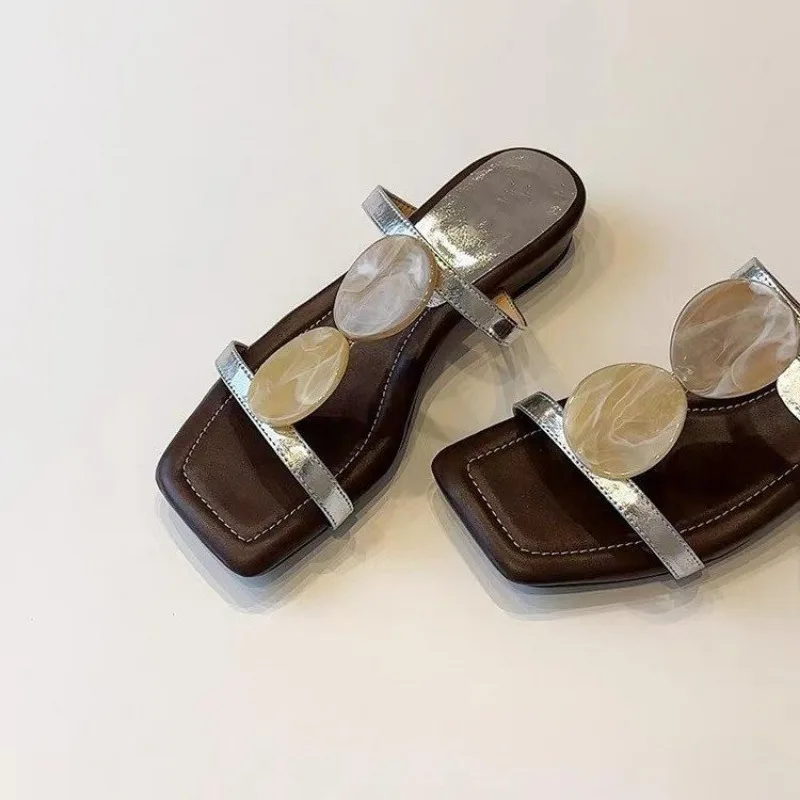 

2025 New Style One-shoulder Square Toe Open-toe Flip-flops for Women, Retro Bohemian-style Flat Slippers