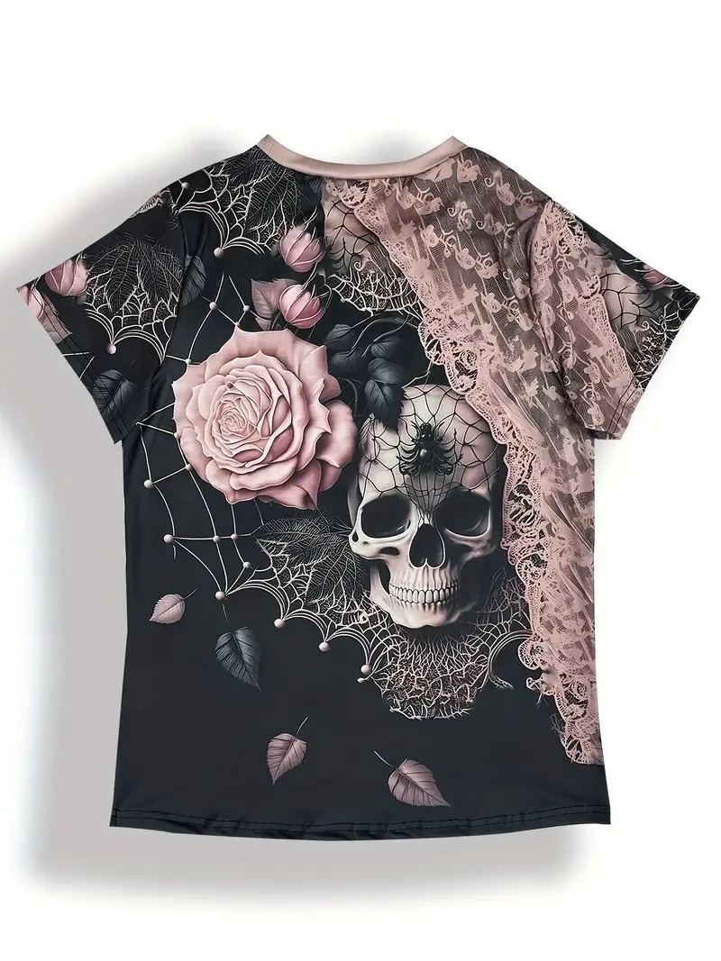 تي شيرت نسائي PLUS Retro 3D مطبوع بالكامل بأكمام قصيرة مع أنماط طباعة الجمجمة والأزهار، مريح ومسامي #3