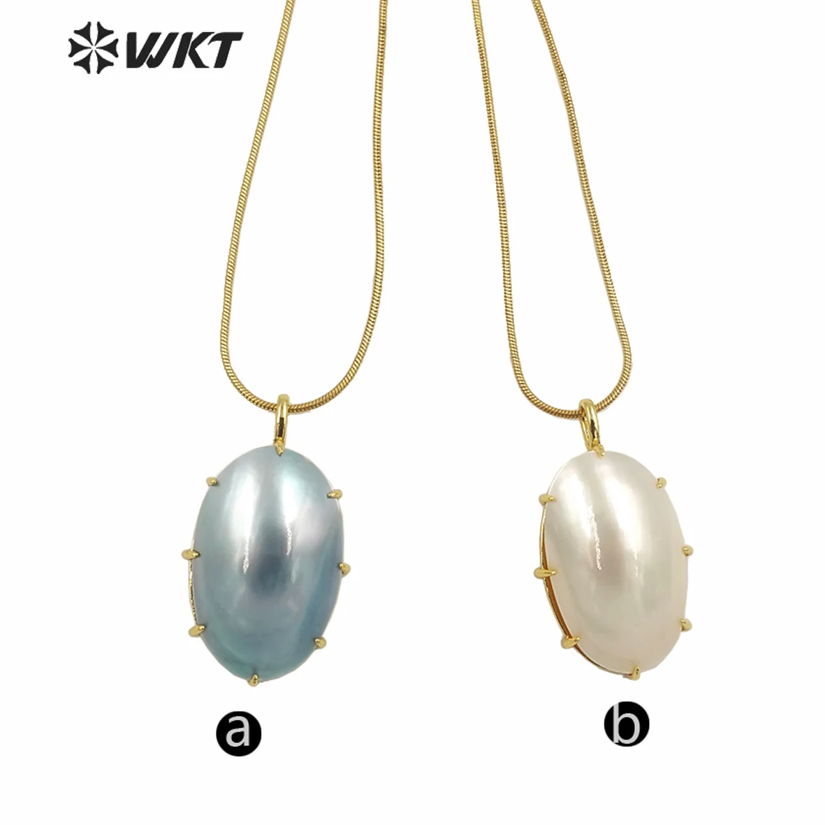 WT-JN250 Trendy And Vintage Oval Made Shell White&Blue Pendant Fine Gold Chian Necklace For Women Sweater Simple Accessories