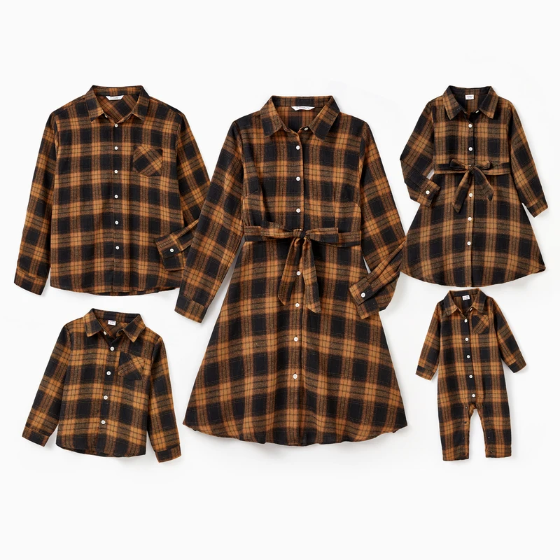 

PatPat Christmas Brown Black Plaid Long Sleeve Button Up Top Dress Romper Family Matching Holiday Outfit