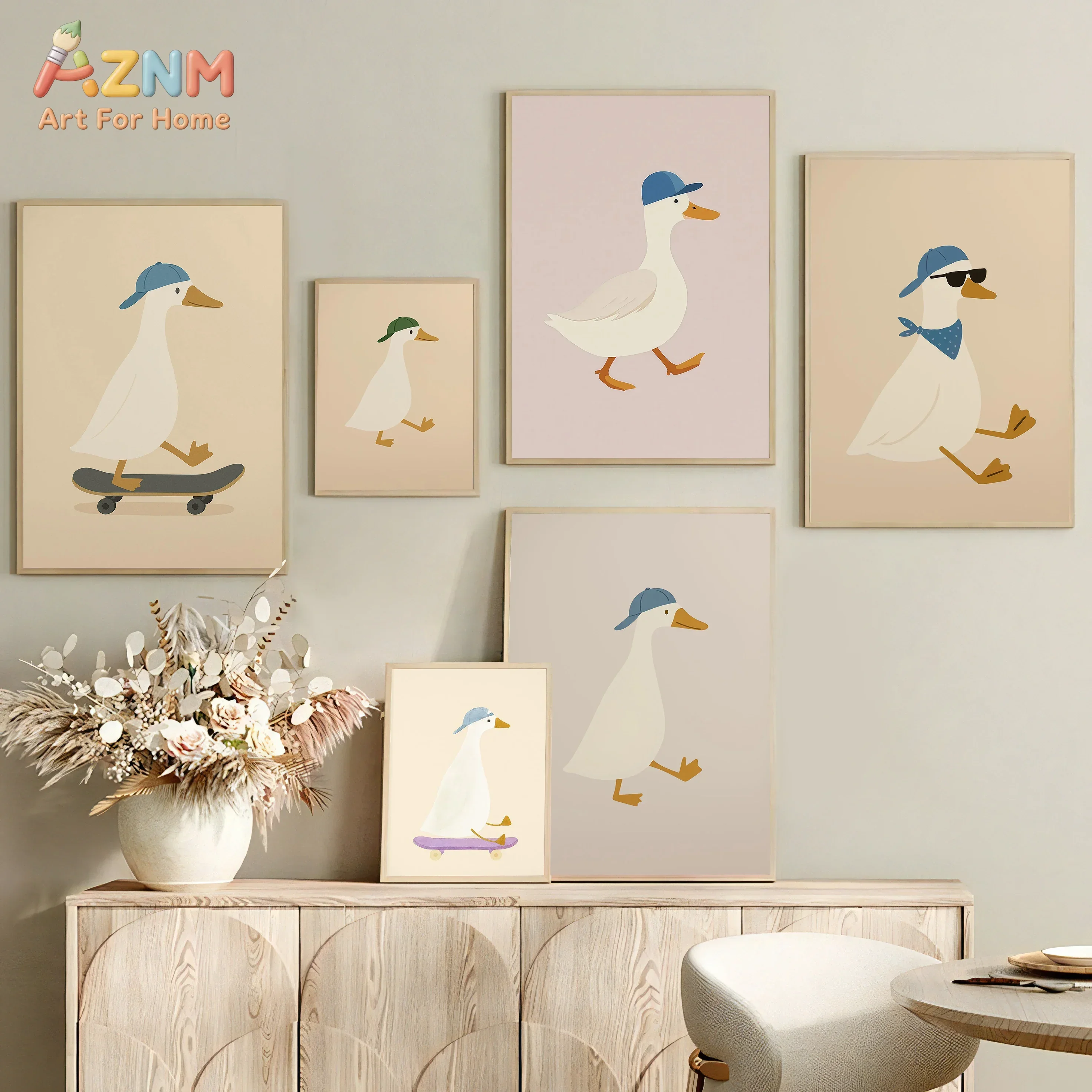 AZNM Cute Cool Duck Skateboard Minimalist Cartoon Canvas Wall Art Print Decor