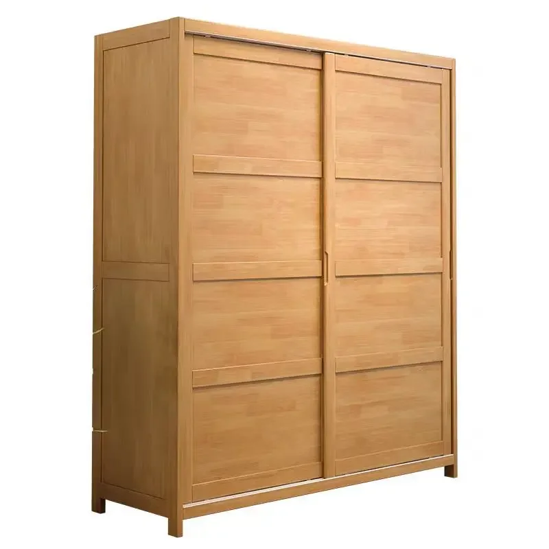 

Nordic solid wood sliding door wardrobe, household bedroom small apartment log wind sliding door cabinet