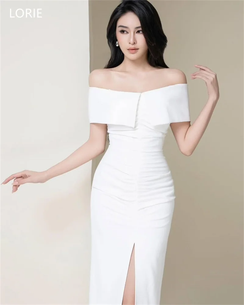 LORIE Ivory Satin Wedding Dresses Stright Off Shoulder Backless Bride Prom Gown Side Slit Ankle Length Bridal Gown Customized