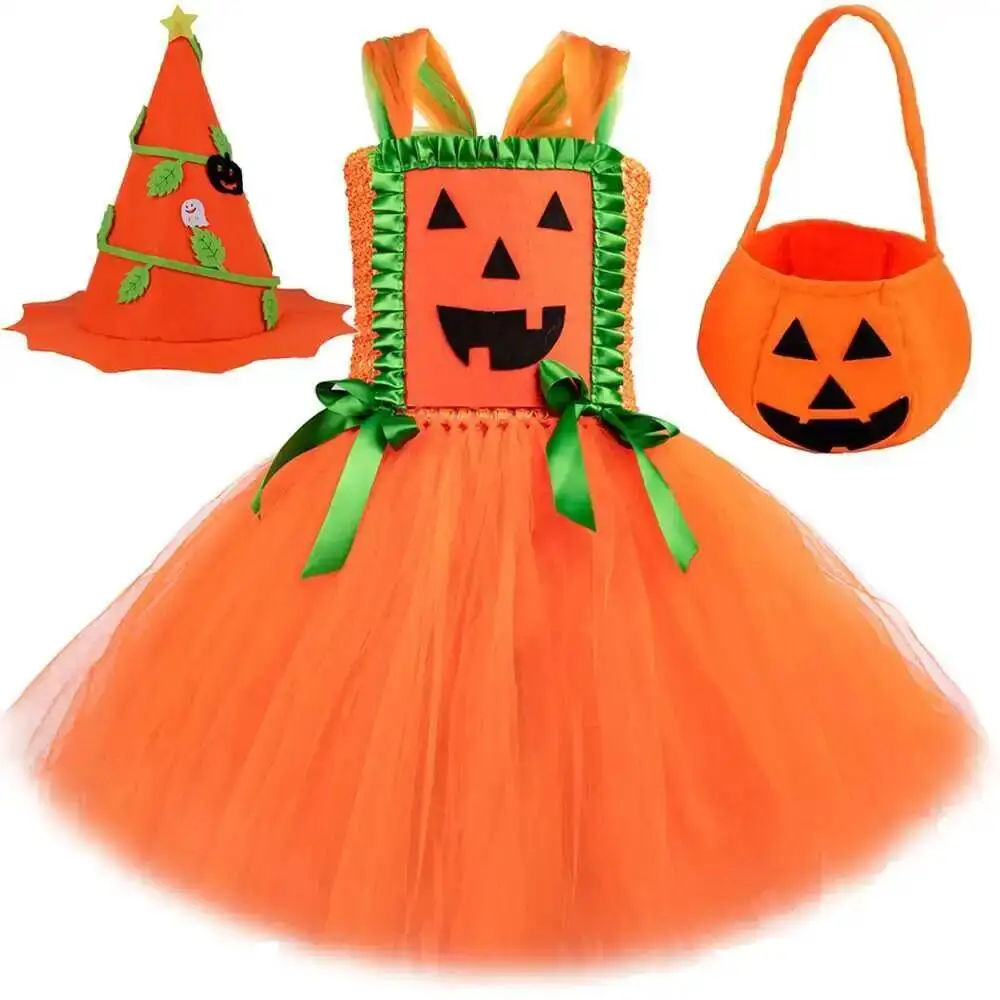 Halloween Pumpkin Costume for Girls Trick or Treat Orange Tutu Dress Kids Carnival Party Fancy Outfit with Witch Hat Broom Bag