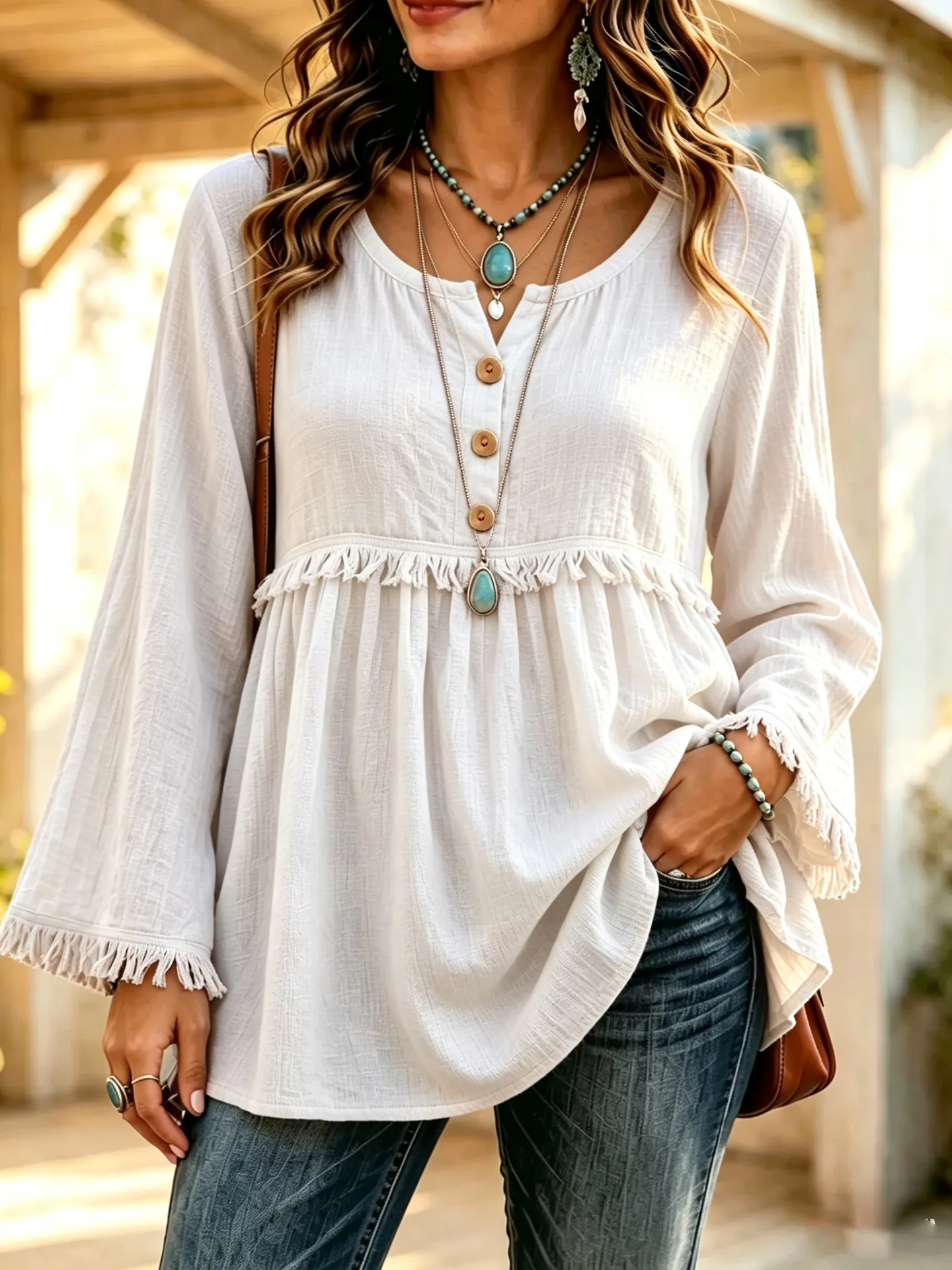 2026 Women's Blouses Solid Color Long Sleeve Loose Casual Button Vacation Bohemian Blouse Fashion Autumn Shirt Tassel Loose Tops