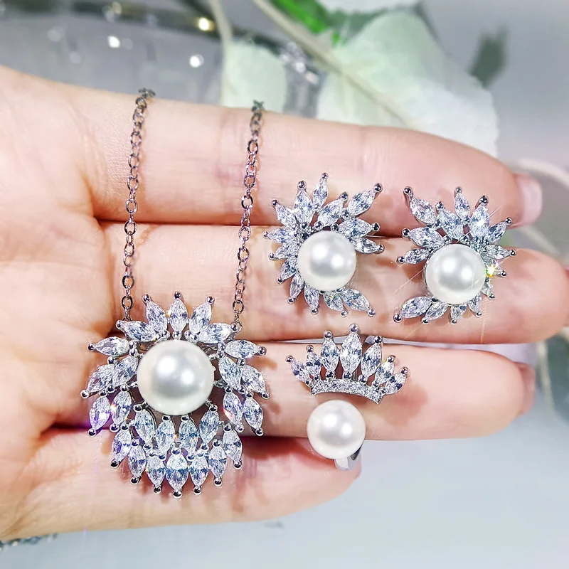 

2022 NEW Luxury Water Pearl Jewelry Sets for Women S925 Sterling Silver Necklace Earrings Rings Bridal Zirconia Fine Gift