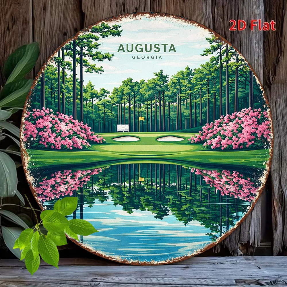 2D Flat - 1pc 8*8In/20X20Cm 2D Flat Round Sign, Vintage Plaque about Augusta Georgia, Golf Scene Landscape Decorative Sign, Suit