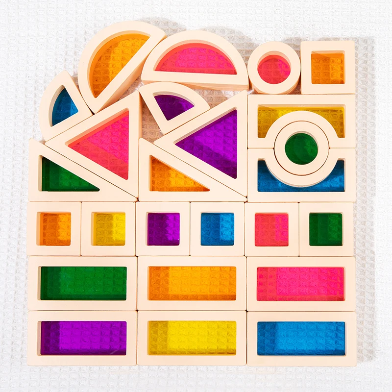 25Pcs Stacking Building Blocks Montessori Toys Construction Toys Colorful Geometry Sensory Toy Wood Rainbow Blocks for Preschool