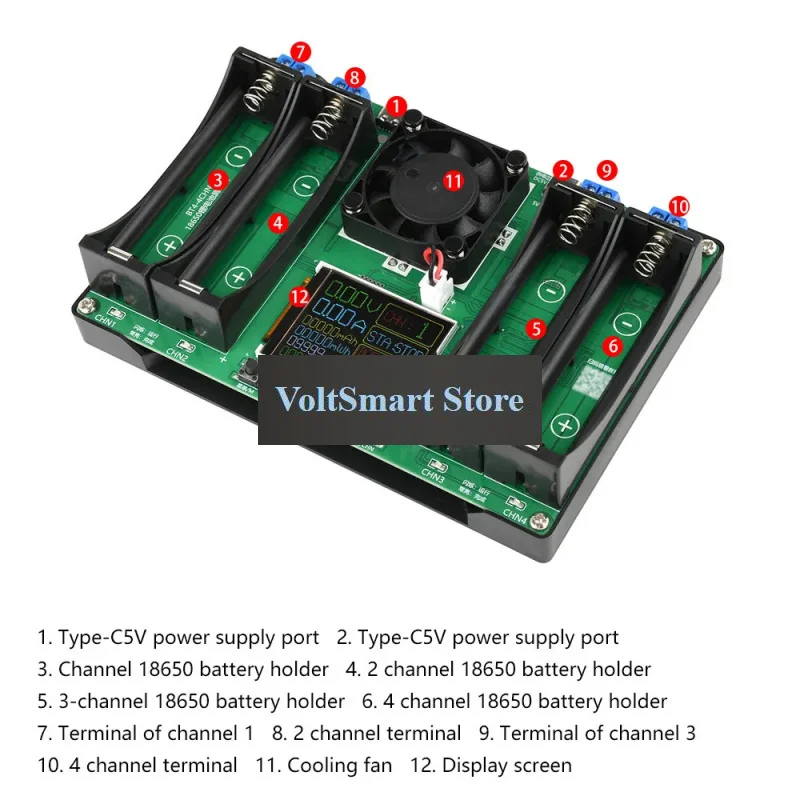 VoltS18650 Lithium Battery Capacity Tester Type-C Digital MAh MWh Internal Resistance Detector 4-Slot Charge Discharge Test Modu