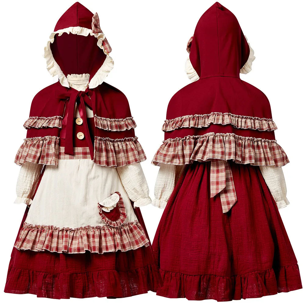 Halloween Bühnenkostüm für Kinder, Cosplay, Rotes Kleid mit Karomuster, Vintage Viktorianisches Prairie-Kostüm, Pastorales Bauernkleid – Detail 3