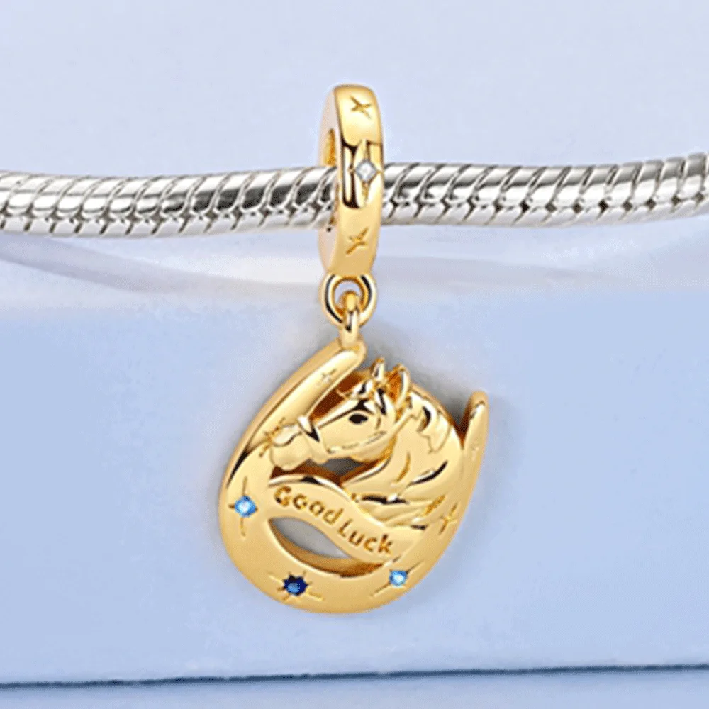 

925 Sterling Silver Charm Golden Good Luck Protection Horseshoe Pendant for Women Fit Original Bracelet Necklace DIY Accessories