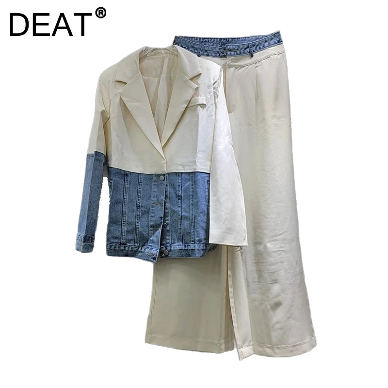 DEAT Women's 2 Pcs Set Single Breasted Patchwork Denim Blazer High Waist Straight Suit Pants 2025 New Spring Fashion 29L9383