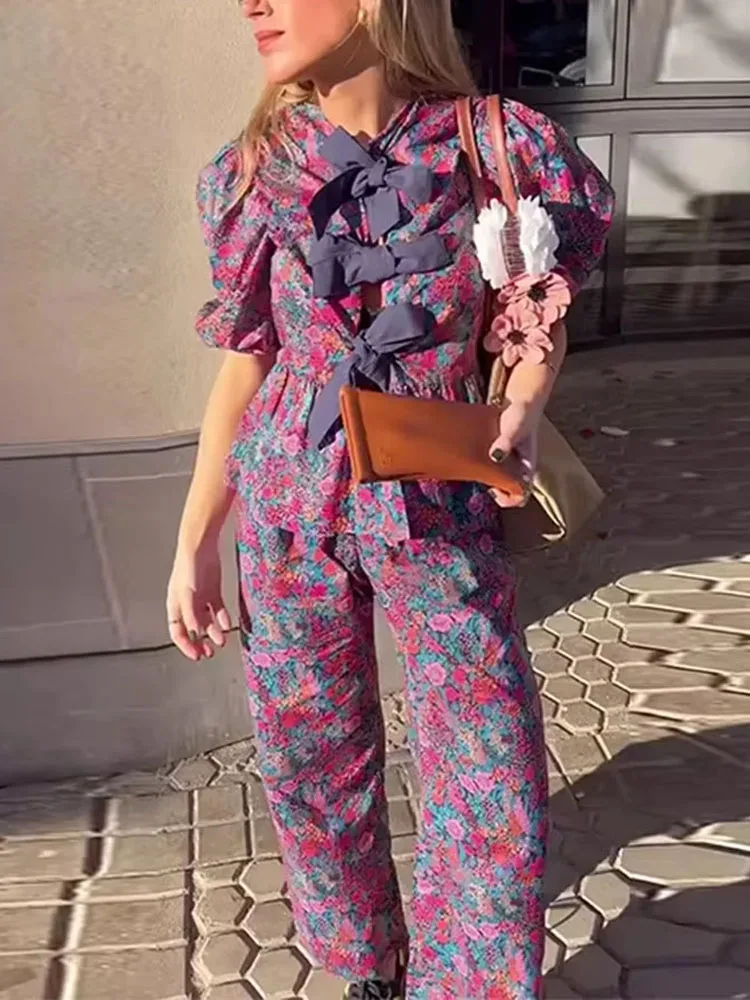 Damen-Hosen, 2-teiliges Set, hohe Taille, weites Bein, Hosen + lila Druck, Schleife, Schnürung, kurze Ärmel, Strickjacke, Hemden, Y2k