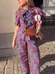 Women Pants 2 Pieces Set High Waist Wide Leg Pants+Purple Print Bow Decorate Lace Up Short Sleeves Cardigan Shirts Y2k