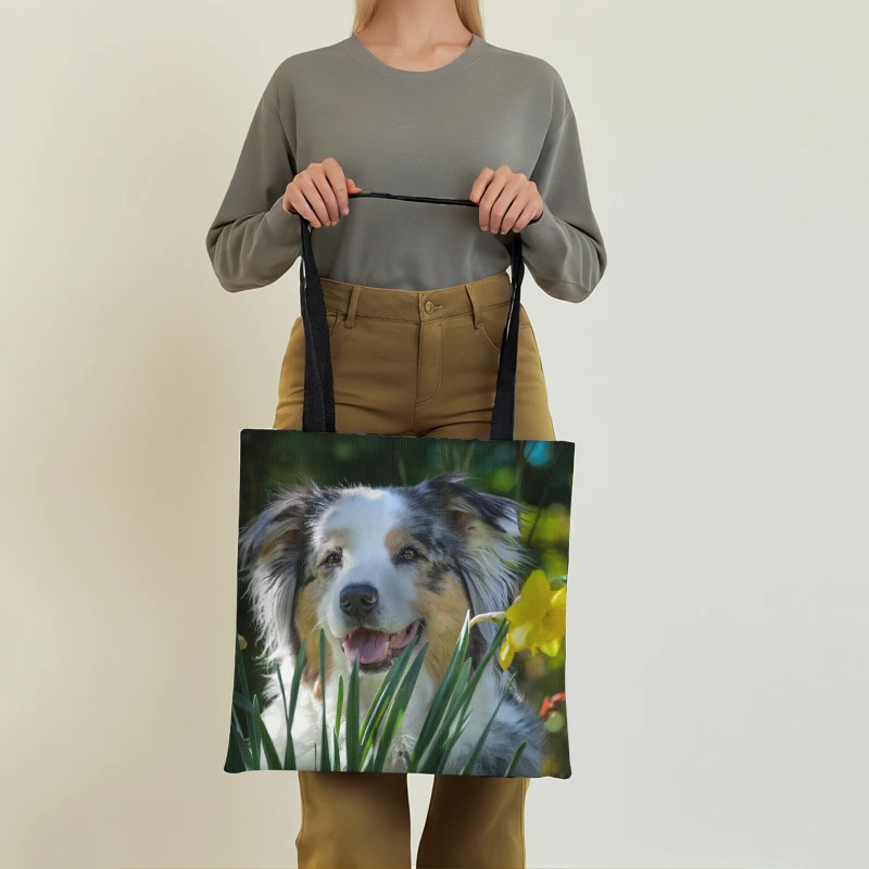 Customize Shopper Bags Handbag Cute Dog with Flower Shoulder Bag Women Canvas Totes Girl Casual Beach Bag Grocery Shopper Bags