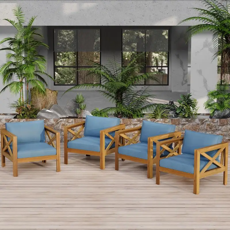 

Набор из 4 клубных кресел из дерева акации с подушками, отделка из тикового дерева, синими подушками, идеально подходит для бесед на открытом воздухе