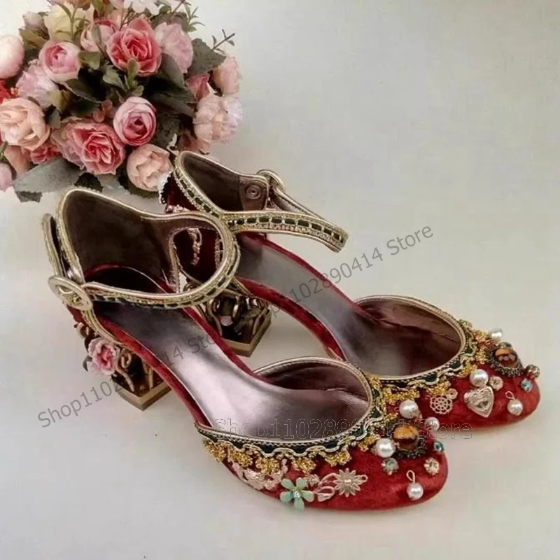 Red Crystal Pearl Appliques Metal Birdcage Heel Pumps Ankle Buckle Strap Women Shoes Fashion Banquet 2024 Zapatos Para Mujere