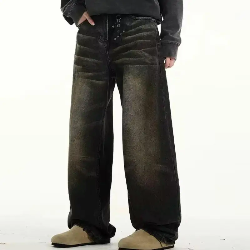 Pantalones vaqueros de ondulación lavados para hombre, diseño de moda masculina, sensación de reconocimiento, Ruffian High Street, sentido de alto